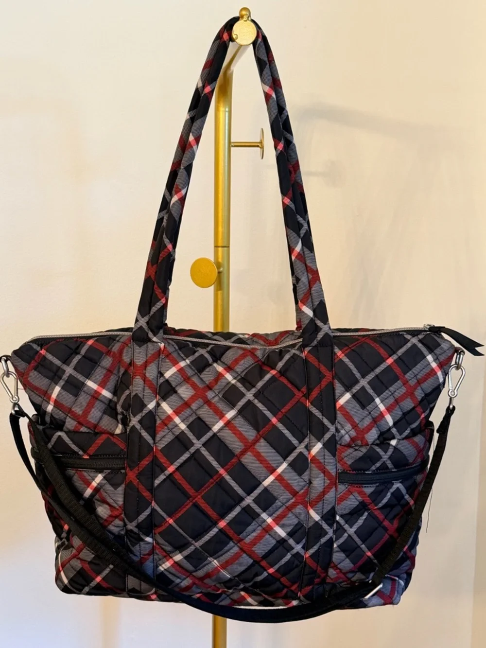 Vera Bradley Quilted Plaid Diaper Tote Bag - Black, Red & White Crossbody - Picture 1 of 13